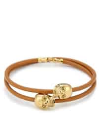 TAN LEATHER/ 18KT. GOLD SKULL DOUBLE WRAP BRACELET