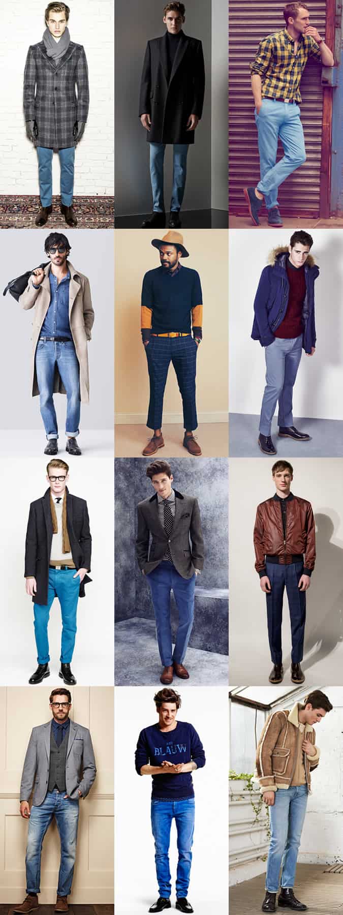 Men's Shades of Blue/Navy Trousers, Chino and Jeans Outfit Inspiration Lookbook