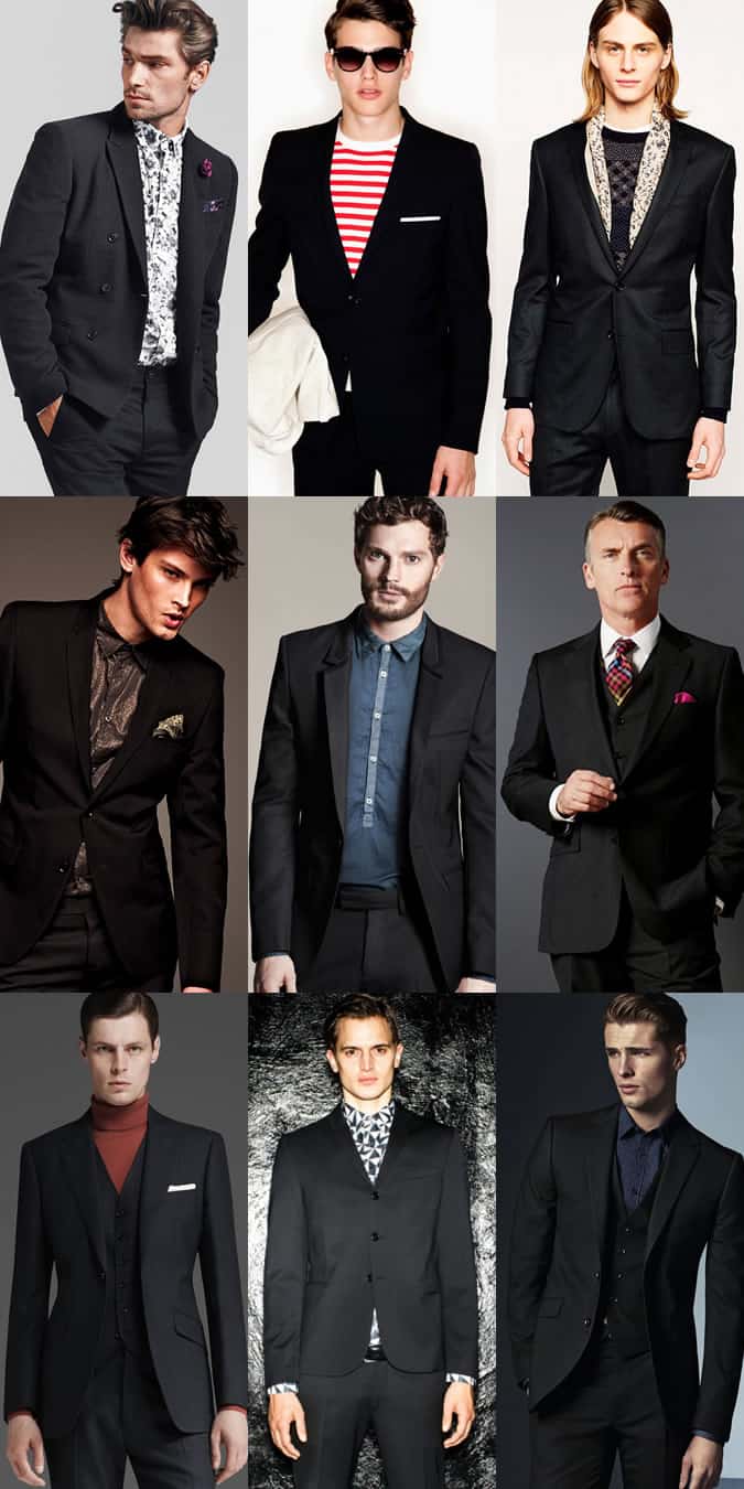 Men's Black Suits Dressed-Down With Printed Shirts, Knitwear, Roll Necks, T-Shirts - Outfit Inspiration Lookbook