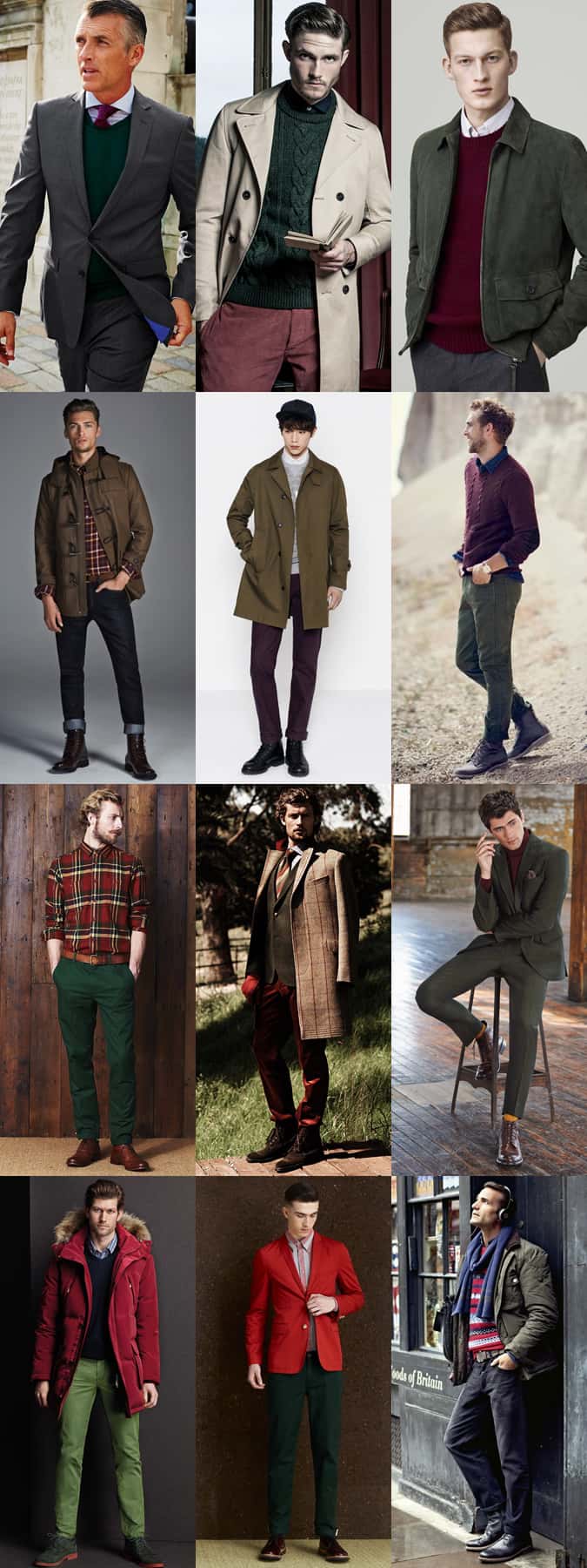 Men's Red and Green Colour Matching Outfit Inspiration Lookbook