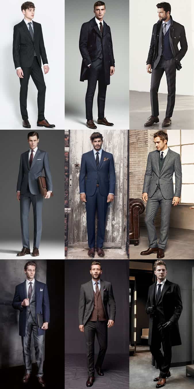 Brown Shoes With Grey, Navy And Black Suits - Outfit Inspiration Lookbook