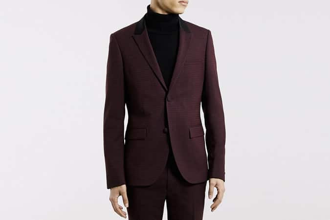 Topman Burgundy Textured Skinny Fit Tuxedo Suit