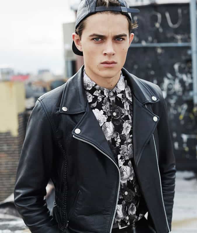 Men's Floral Print Shirt With A Leather Biker Jacket
