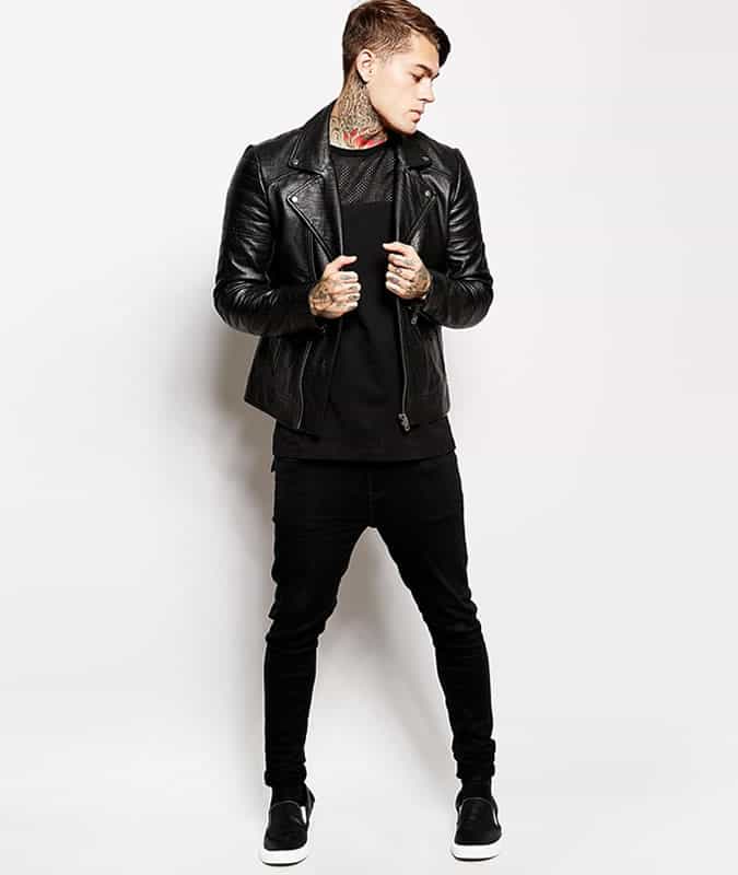 Men's Sports Luxe/Health Goth Outfit Inspiration - Leather Biker Jacket