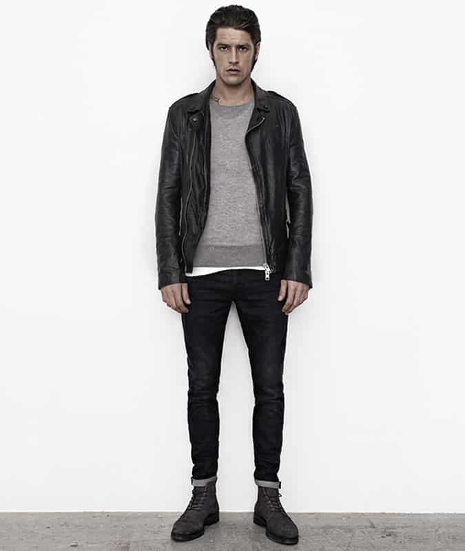 Men's Leather Biker Jacket Layered Over A Lightweight Knit/Jumper