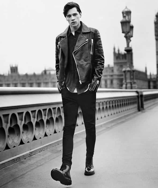 Men's Modern Rocker Look/Outfit - Leather Biker Jacket, Sharp Shirt, Skinny JEans and Heavy Boots