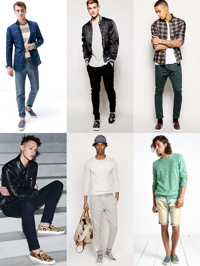 Men's Printed, Coloured and Textured Slip-On Trainers/Plimsolls Outfit Inspiration Lookbook