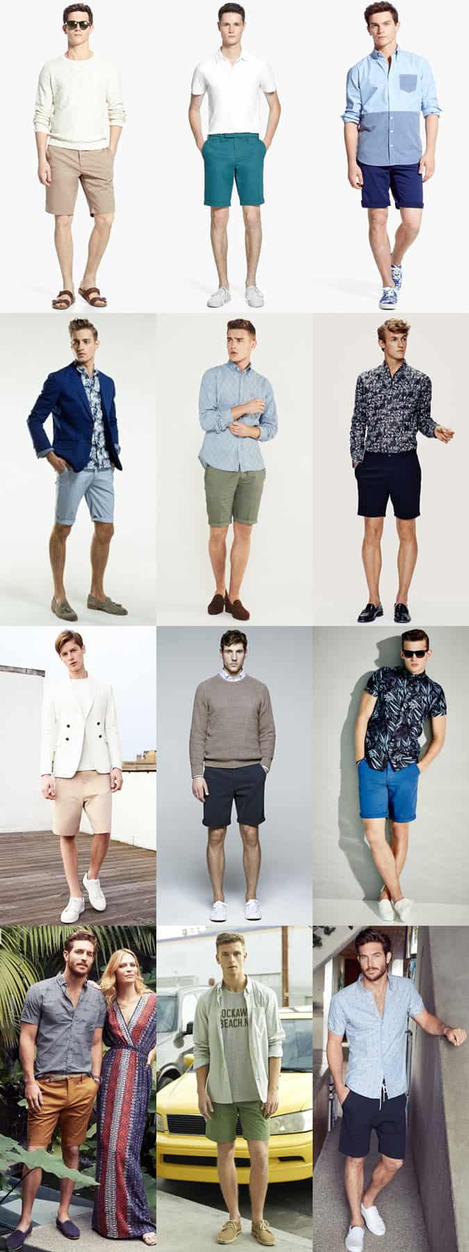 Men's Blue, Navy, Green and Camel Shorts Outfit Inspiration Lookbook