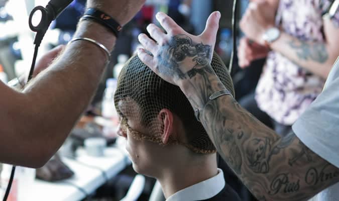 Fudge Hair Team Using Hair Nets At Men's Craig Green SS16 Show Backstage