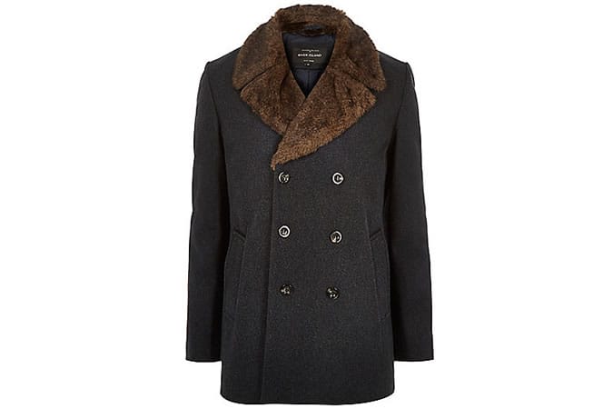 River Island Dark grey double-breasted winter peacoat