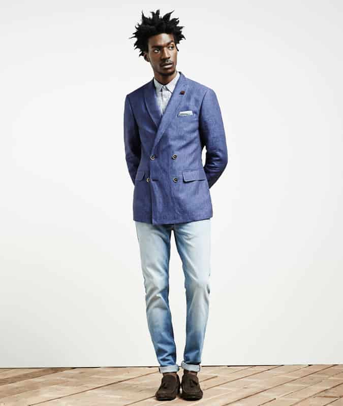 Double-Breasted Jacket + Air Tie + Lightwash Denim Outfit