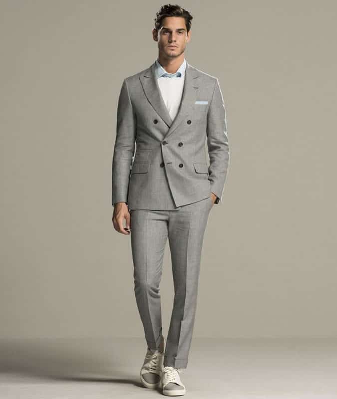 Double-Breasted Suit + Sweater + Trainers Outfit