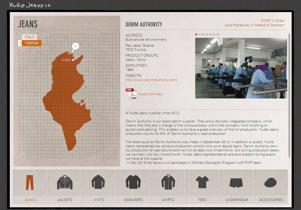 Nudie Jeans has an extremely detailed and transparent guide to the brand's clothing production on its website