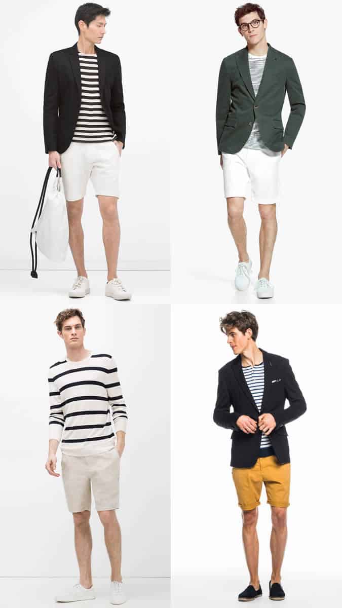 Men's Chino Shorts, Breton Top and Blazer Summer Fashion/Style Outfit Inspiration Lookbook