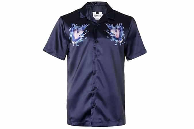 Topman Heron Print Satin Feel Short Sleeve Shirt