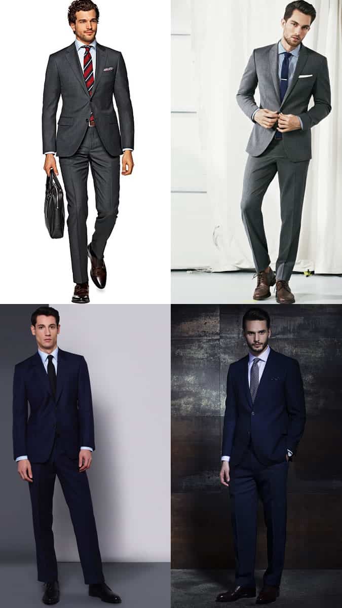 Men's classic two-button, notch lapel navy/charcoal grey suits work outfit inspiration lookbook