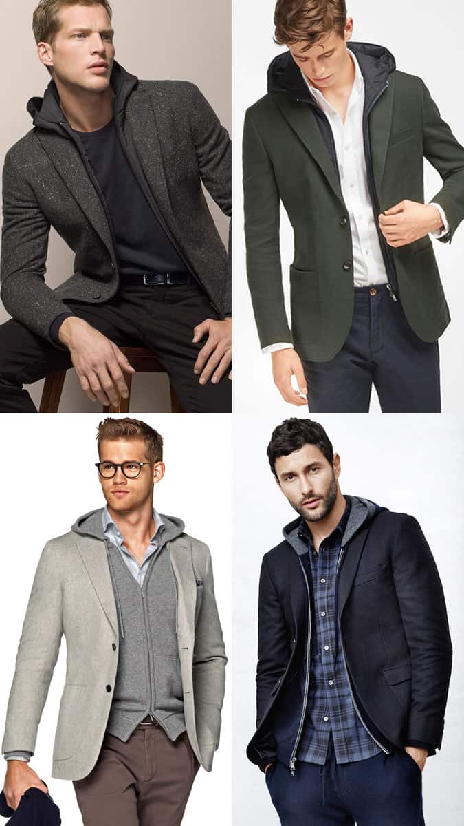 Men's Hoodie + Blazer Layering Combination Outfit Inspiration Lookbook