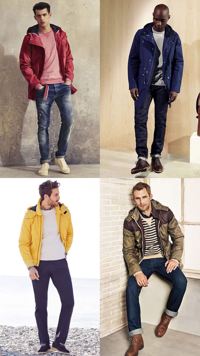 Men's Raincoat + Sweatshirt Layering Combination Outfit Inspiration Lookbook