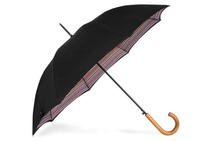 Black Signature Stripe Canopy Walker Umbrella With Wooden Handle
