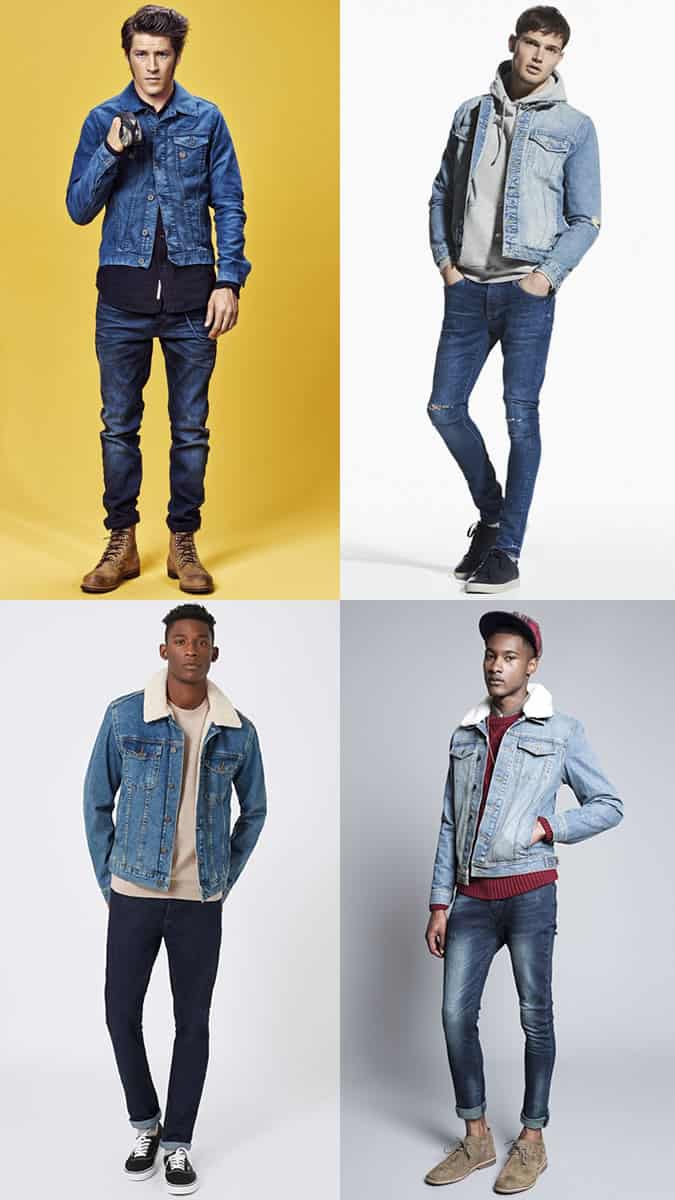 Men's Dark Wash Jeans With A Light Wash Denim Jacket Outfit Combinations