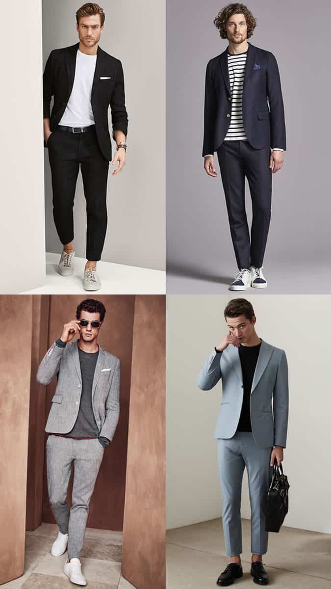 Men's plain t-shirts worn with suits and tailoring outfit inspiration