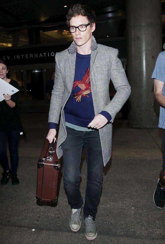 Eddie Redmayne Grey Coat Printed Jumper
