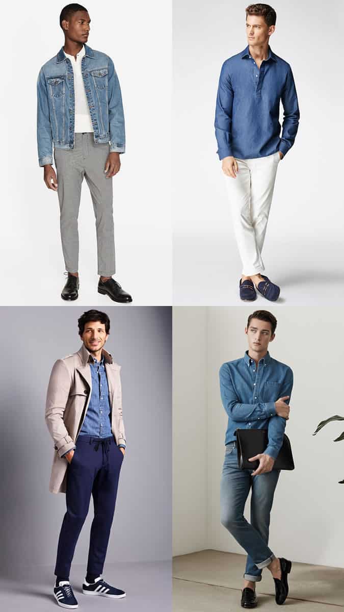 Men's mid-blue denim dad jeans, shirts and jackets