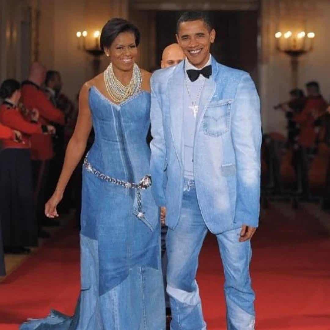 barrack and michelle obama in denim outfit