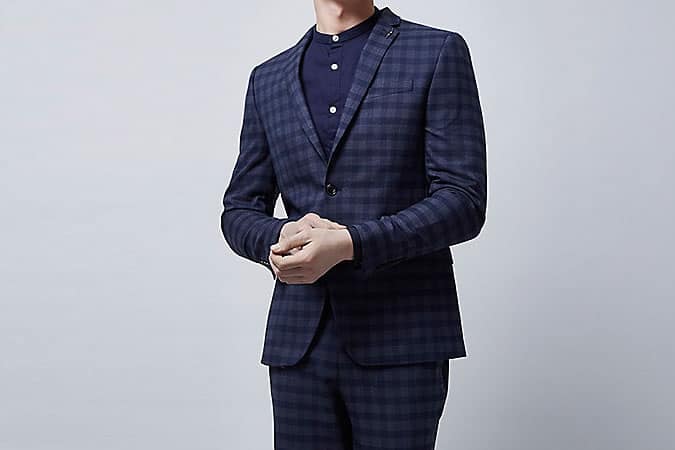 Blue check skinny fit suit jacket