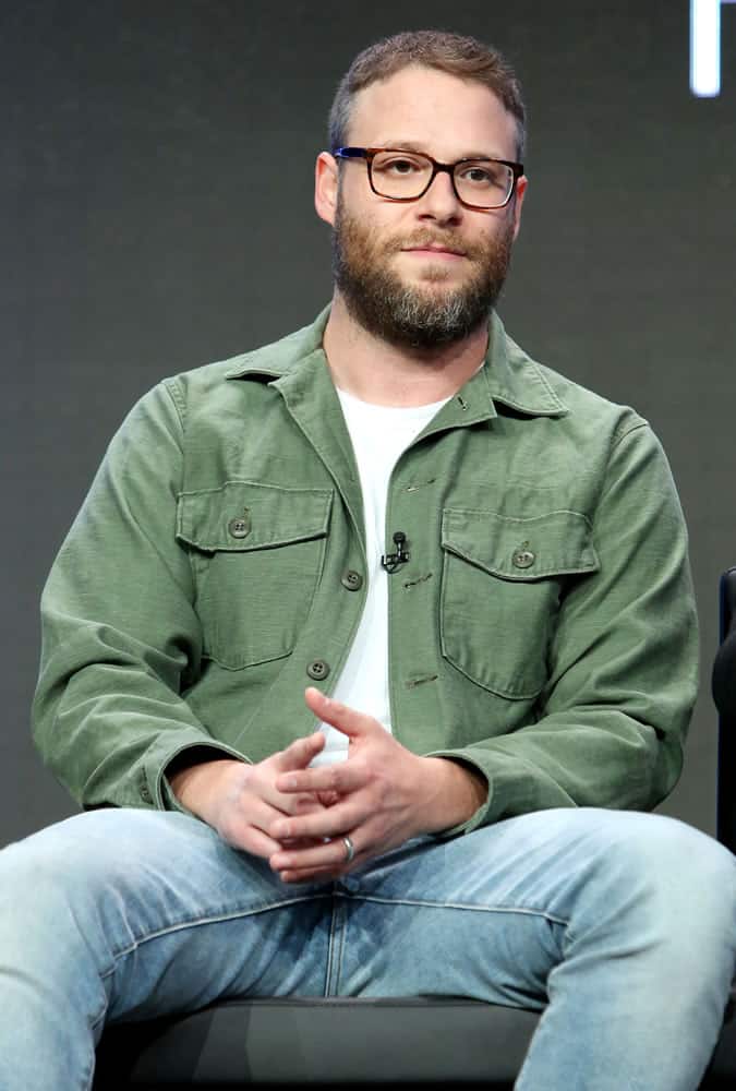 Seth Rogen dressed in jeans and an overshirt at the TCA Summer Press Tour