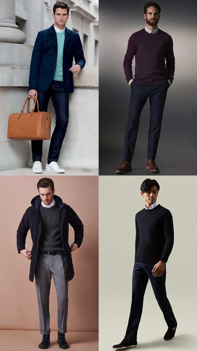 Men's Crew Neck Jumpers Over Shirts Outfit Inspiration Lookbook