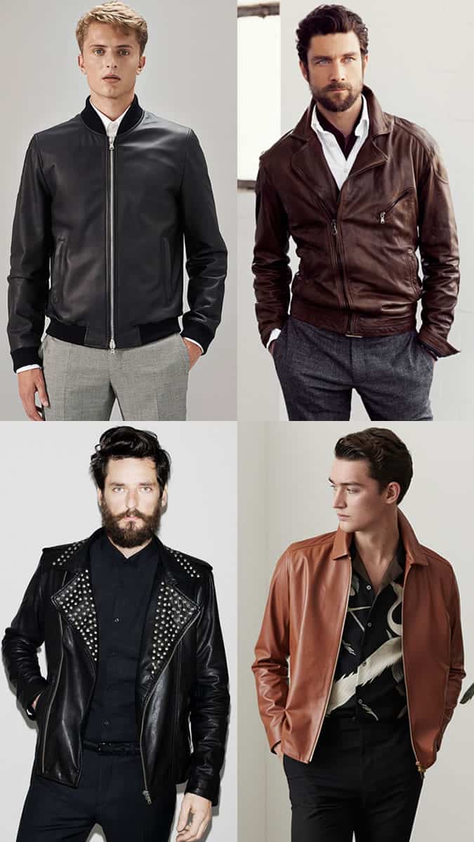 Men's Leather Jacket, Casual Shirt and Trousers Outfit Inspiration Lookbook