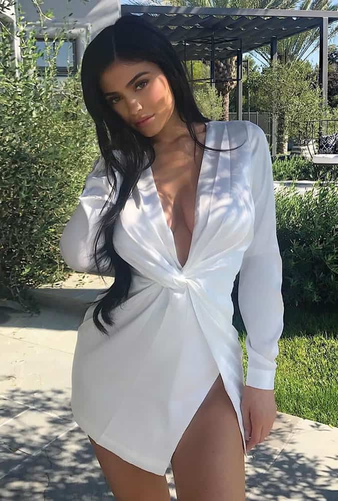 Kyle Jenner wearing white shirt dress