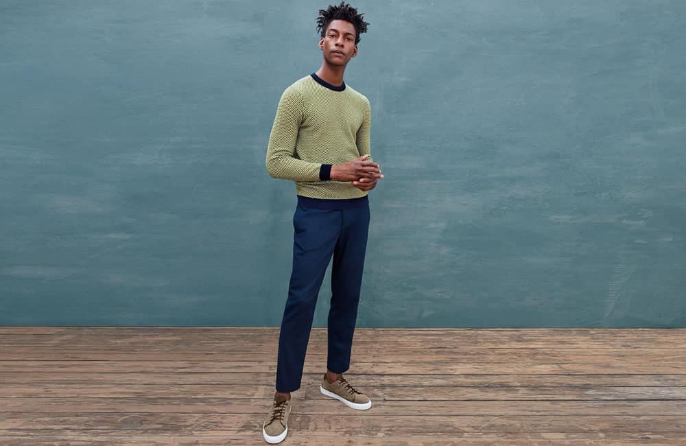 Ted Baker yellow jumper and navy trousers