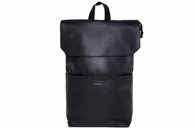 ASOS DESIGN backpack in faux leather in black with fold top and silver emboss