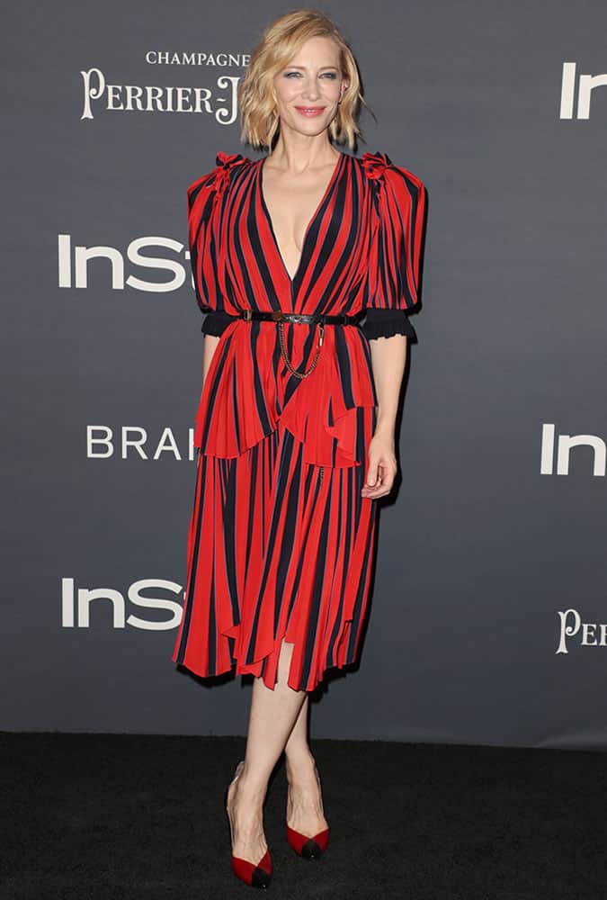 Cate Blanchette wearing a red and black dress
