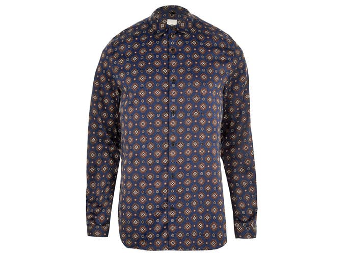 Navy geo print satin long sleeve shirt