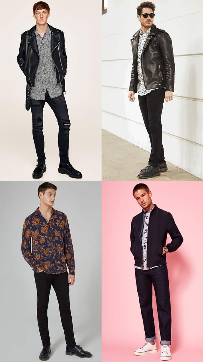 how to wear a printed shirt with dark denim