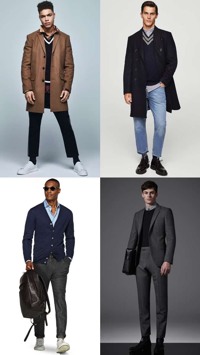 how to wear a printed shirt with knitwear