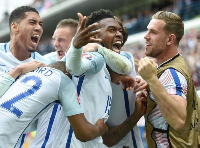 Raheem Sterling celebrates scoring for England