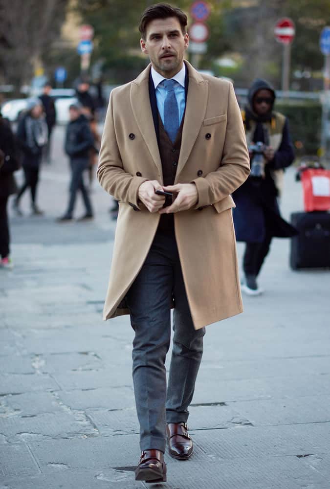 Johannes Huebl Wearing A Camel Overcoat