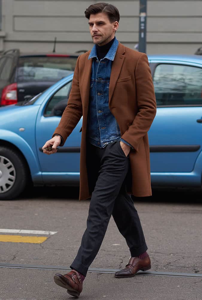 Johannes Huebl Wearing A Denim Jacket And Overcoat