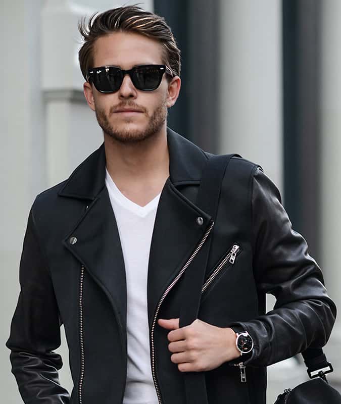 Man Wearing A Biker Jacket And Wayfarer Sunglasses