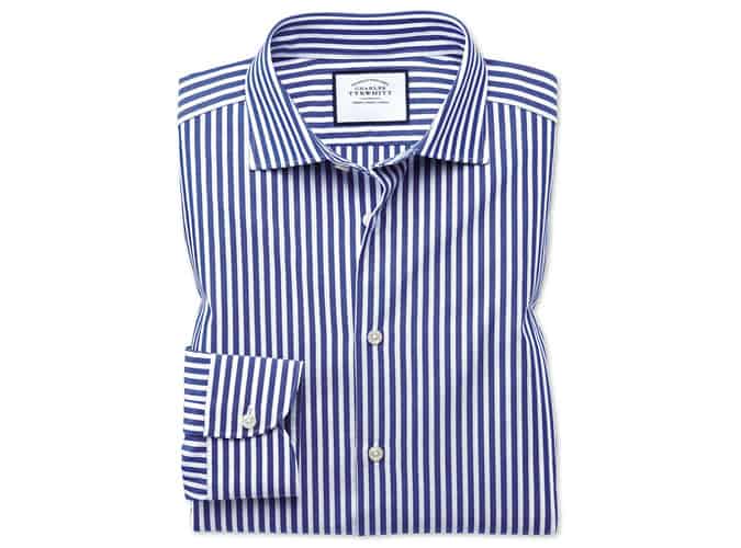 Slim fit business casual leno texture blue and white stripe shirt