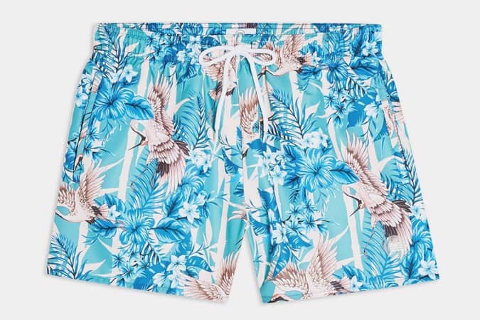 Topman Blue Crane Floral Print Swim Shorts