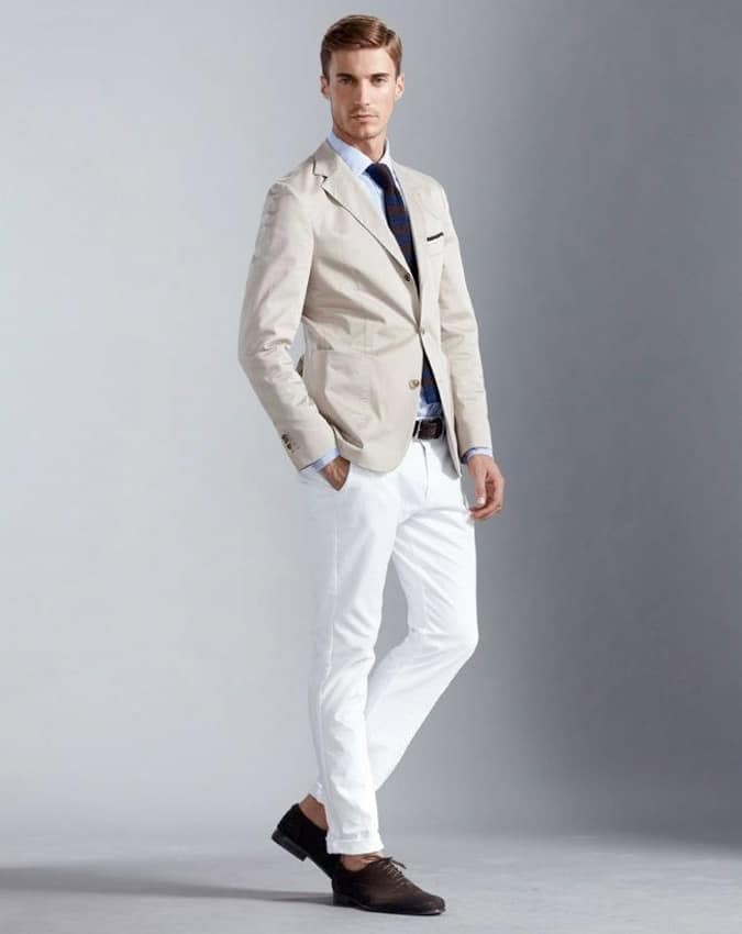 Men's Smart-Casual White Jeans with A Shirt and Blazer Outfit Lookbook