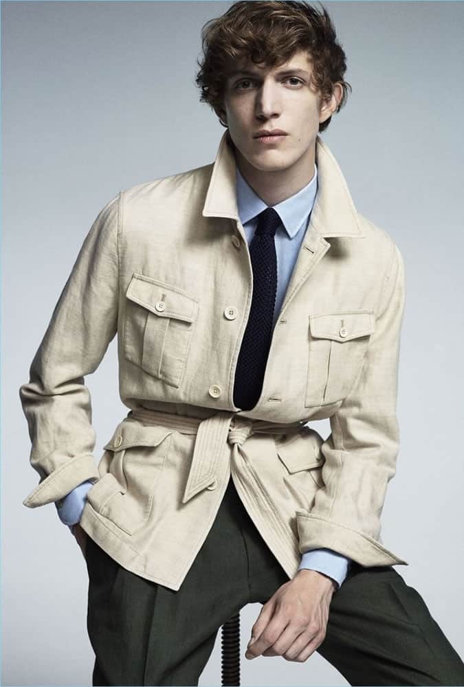 safari jacket worn with a shirt and tie by Lardini