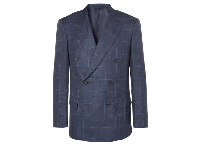 KINGSMAN Harry's Navy Double-Breasted Checked Wool, Silk And Linen-Blend Suit Jacket
