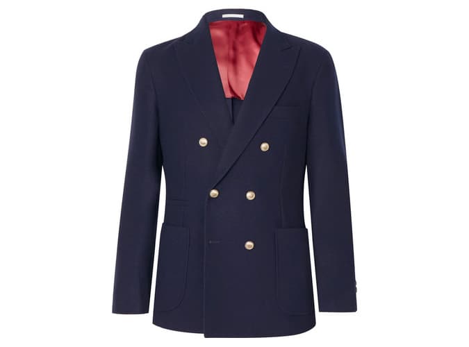 Brunello Cucinelli Navy Unstructured Double-Breasted Wool And Cashmere-Blend Blazer