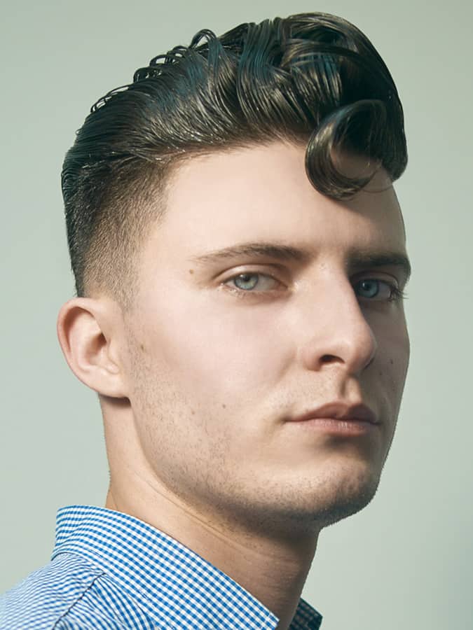 temple fade and pompadour